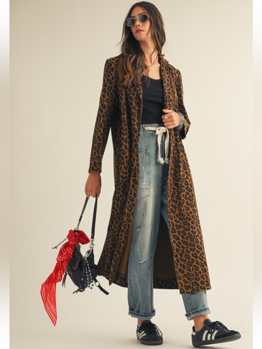 639.  French leopard print Long denim peacoat in brown